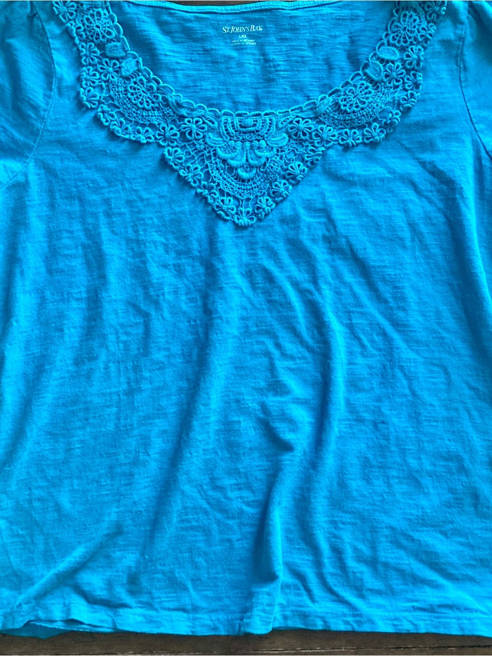 St. Johnโs Bay Turquoise Blue Short Sleeve Tee with Crochet Trim